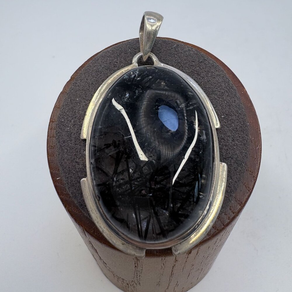 VTG Sterling Silver 925 Black Rutilated Quartz Bezel Set Pendant Size 2" Length